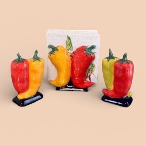 NEW VINTAGE jalapeño CLAY ART Chili Pepper salt & pepper shakers napkin holder